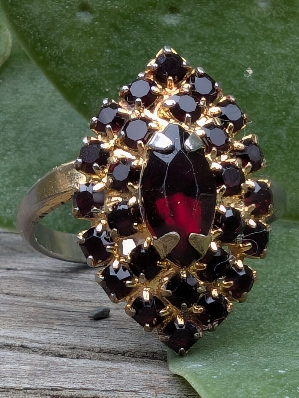 Gold-Tone Garnet Cluster Ring - Deep Red Oval Center